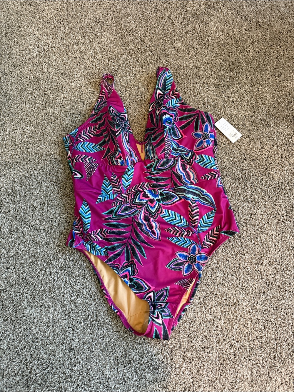 Fuchsia Floral Print One-Piece Swimsuit with V-Neck Support